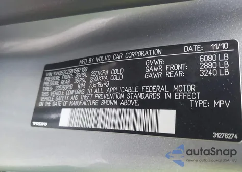 2011 Volvo Xc90 3.2 z USA, uszkodzony, nr VIN YV4952CZ5B1587109